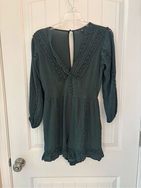 Ready for the Holidays! Deep Green LongSleeve AE Lace-Trim Romper | Women’s Smal